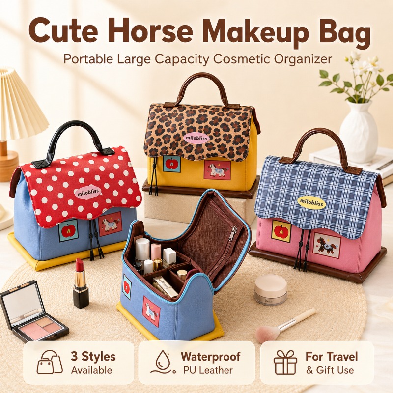 Women Vanity Bags - Cute Horse Makeup Bag Waterproof Leather