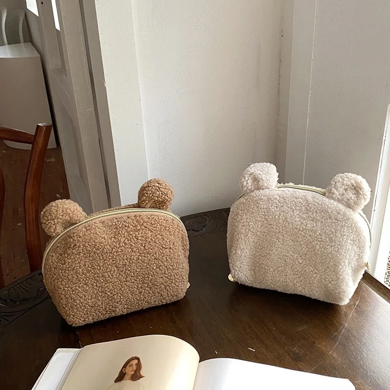 Kawaii Bear Ear Sherpa Makeup  - Women Vanity Bags review and price